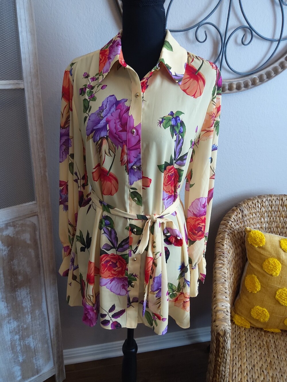 IMAN Yellow Floral Button-Down Shirt with Tie Waist